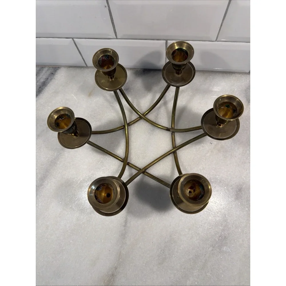 Brass Mid Century Modern 6 Candle Holder Candelabra Centerpiece  002